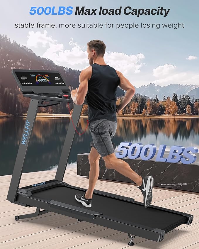 WELLFIT Auto Incline Treadmill, 10% Incline Heavyduty Treadmill with Pulse Sensor, 4.5HP, 10 MPH, 500 lbs Capacity, 20'' x 55'' Running Area Treadmills with Bluetooth Player & LED Display
