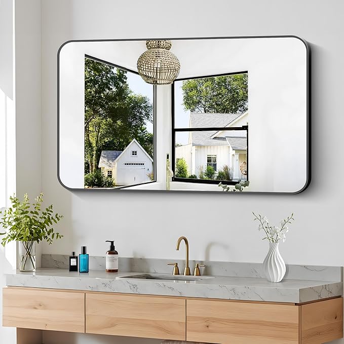 30x48 inch Bathroom Mirror,Black Rectangle Mirror,Wall Mounted Bathroom Frame Vanity Mirror with Round Corner for Bedroom Living Room, Entryway Hangs Horizontal or Vertical
