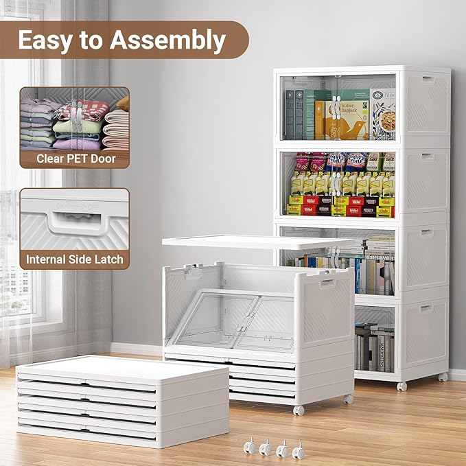 480QT Extra Large Stackable Storage Bins, 120Gal Clear Plastic Closet Organizer Cabinet with Lid and Wheels, Collapsible Latch Boxes Folding Drawer with Door for Home Kitchen, V20 3Pack White