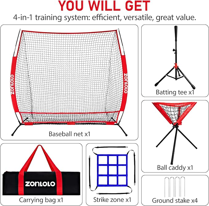 6x6ft Portable Baseball & Softball Net for Hitting，Pitching, Batting and Throwing, with Sturdy Bow Frame,Batting Tee, Ball Caddy and Strike Zone, Middel Size, Great for Kids!