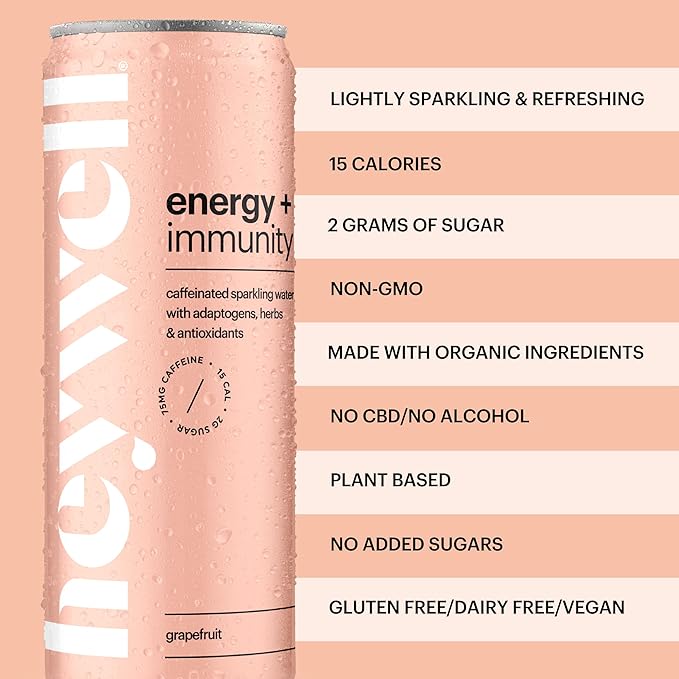 Heywell Sparkling Adaptogenic Water, Energy and Immunity, Grapefruit Flavor, 12 Fluid Ounce (Pack of 12) - Caffeinated, Organic, Non GMO, Vegan, Gluten Free, Dairy Free