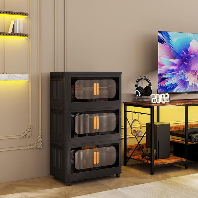 Holaki 117 QT Storage Bins with Lid, 3 Tier Collapsible Closet Organizers and Stackable Plastic Storage Bins Cabinet with Wheels and Magnetic Door (Black)