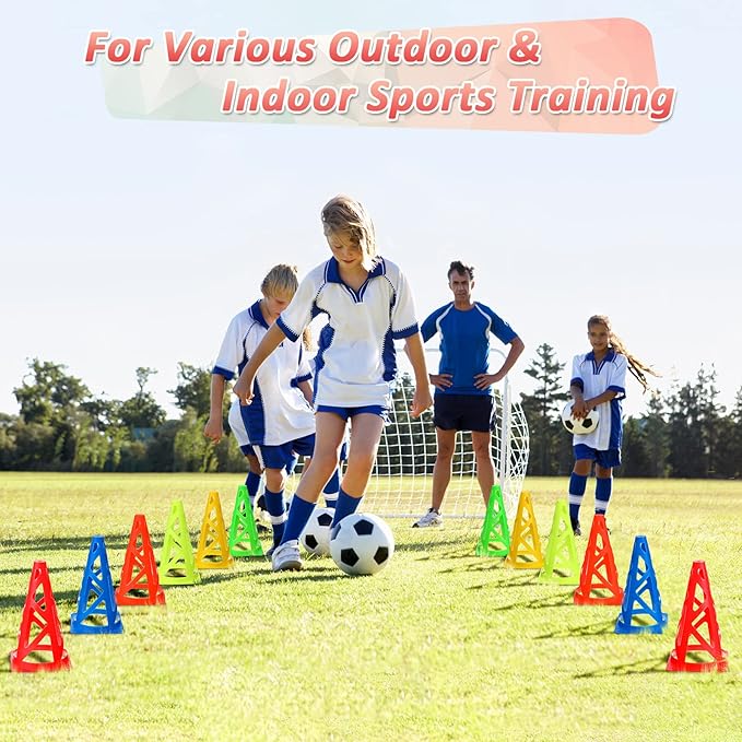 60 Pieces Plastic Agility Cones, 9 Inch Indoor Outdoor Training Sport Cone, Soccer Flexible Cone Sets Marker Cones for Kids Dogs Training, Party, Traffic, Drills, Basketball, Soccer, Assorted Colors