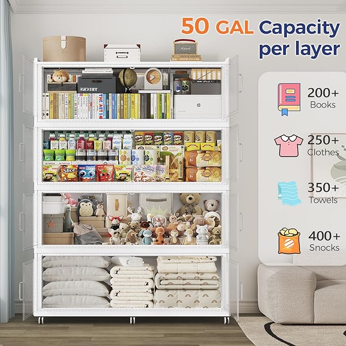 200GAL Extra Large Stackable Storage Bins with Lid, 800QT Plastic Closet Organizer and Storage Cabinet with Wheels and Doors, Folding Storage Box Container for Home Organization, 4Pack White