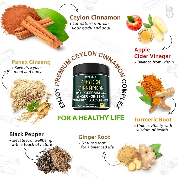 6in1 Premium Ceylon Cinnamon Supplement Plus Apple Cider Vinegar, Turmeric, Ginger, Ginseng - Weight Management, Digestion - 100 Vegan Capsules