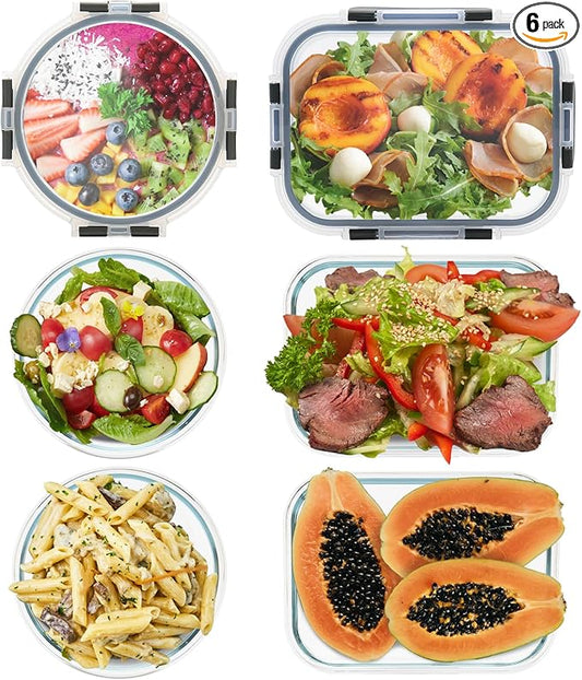 6 Pack Glass Food Storage Containers, BPA Free Meal Prep Containers with Leak Proof Lids, Freezer to Microwave Safe