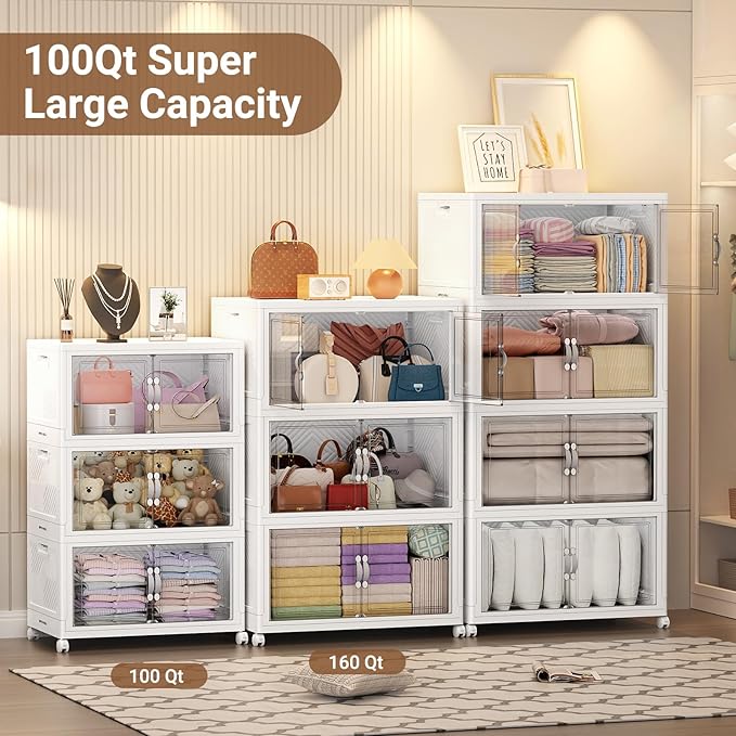 300QT Extra Large Stackable Storage Bins, 75Gal Clear Plastic Closet Organizer Cabinet with Lid and Wheels, Collapsible Latch Boxes Folding Drawer with Door for Home Kitchen, V20 3Pack White