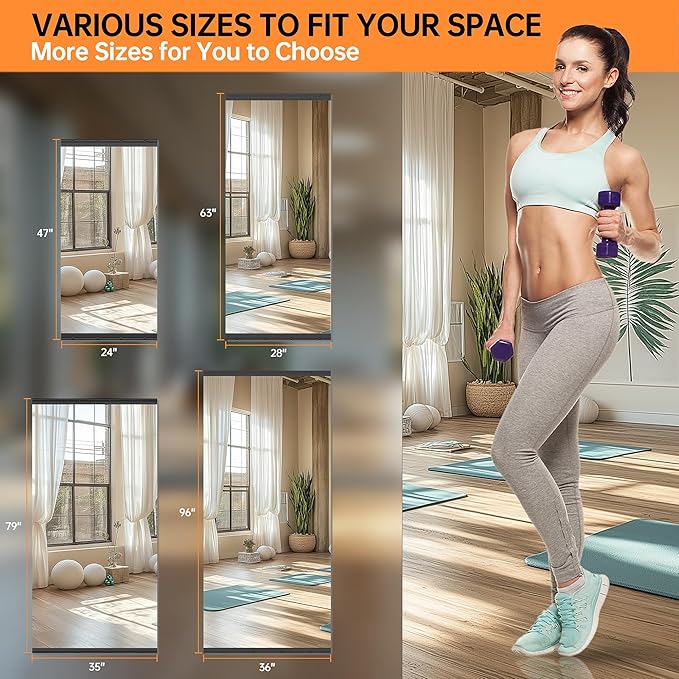 Hasipu 2 Pcs 55''x20'' Home Gym Mirror Large Full Length Wall Mounted Full Body Mirror for Yoga Dance Fitness Exercise Studio Bedroom Garage, Frameless Tempered Glass Workout Mirrors Black Rectangular