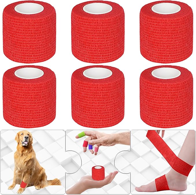 6 Pack 2 Inches Self Adhesive Bandage Wrap Breathable Cohesive Bandage Elastic Tape for Pets, Athletic, Sports, Wrist, Knee, Ankle(5 Yards Per Roll, Red)
