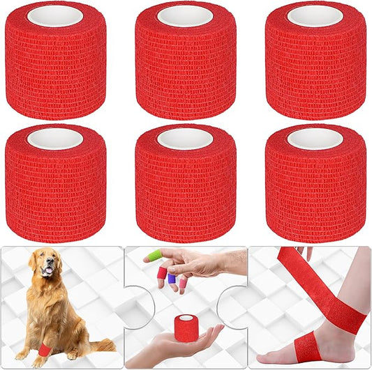 6 Pack 2 Inches Self Adhesive Bandage Wrap Breathable Cohesive Bandage Elastic Tape for Pets, Athletic, Sports, Wrist, Knee, Ankle(5 Yards Per Roll, Red)