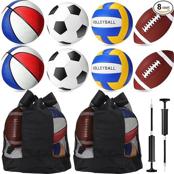 8 Pcs Sports Balls Set Include Basketball Football Soccer Volleyball with 2 Sport Equipment Bags 2 Pumps for Teens Youth Adult Outdoor Operation Christmas Ball Gifts