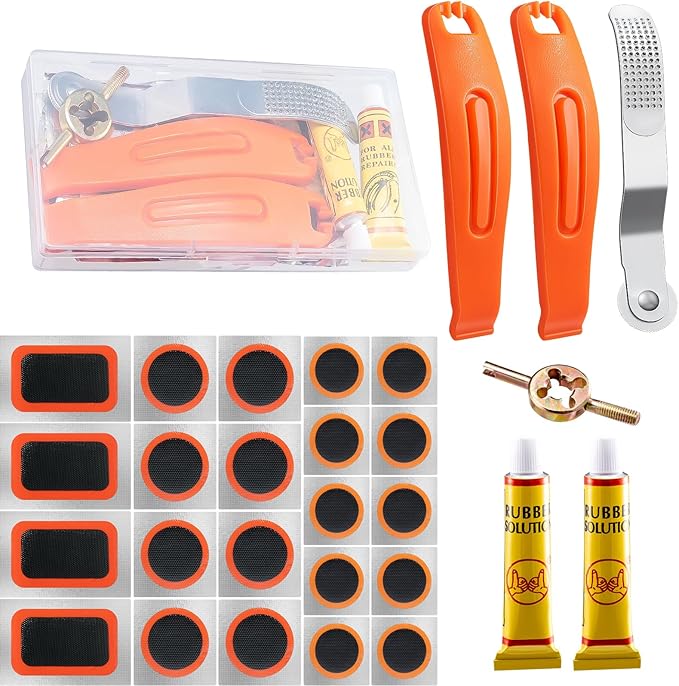 29 PCS Bike Tire Repair Kits - 22 PCS Vulcanizing Patches, Cement, Tire Levers, Metal Rasp & Roller, Valve Wrench, Portable Bicycle Inner Tube Puncture Patch Kit for BMX MTB Road Bike Motorcycle