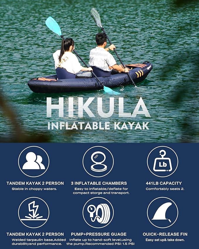 Inflatable Kayak 2 Person, Tandem Kayak, Foldable Kayaks for Adults, with Kayak Fin, 2 Aluminum Paddles, 2 Padded Seats, Hand Pump and Travel Backpack