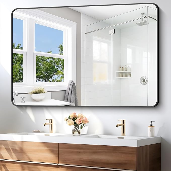 55x36 inch Bathroom Mirror,Black Rectangle Mirror,Wall Mounted Bathroom Frame Vanity Mirror with Round Corner for Bedroom Living Room, Entryway Hangs Horizontal or Vertical