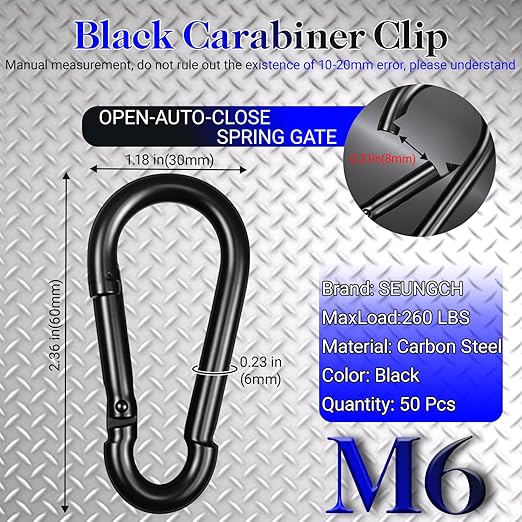 50 Pack Black Carabiner Clips, 2.36 Inch Heavy Duty Spring Snap Hooks - Small Locking Carabiners for Camping, Hiking, Hammocks, Swing Sets, Keychains, Fishing & Outdoor Gear