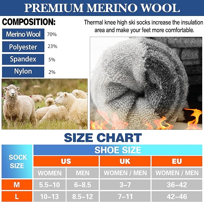 3 Pairs Merino Wool Ski Socks Thermal Warm Winter Thick Knee High Snowboarding Skiing Socks for Women Men