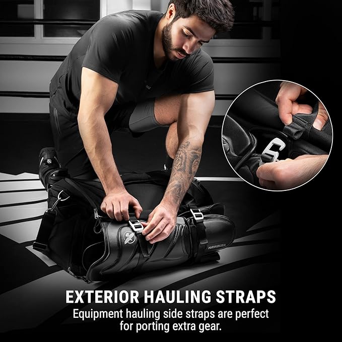 Hayabusa Airstream Athletic Duffle Gym Bag for Women and Men - Black, 50l duffle bag - 7 zippered Pockets, Good for travel, Boxing, MMA, BJJ, kickboxing, Muay Thai, wrestling, Glove/Shoe Compartment