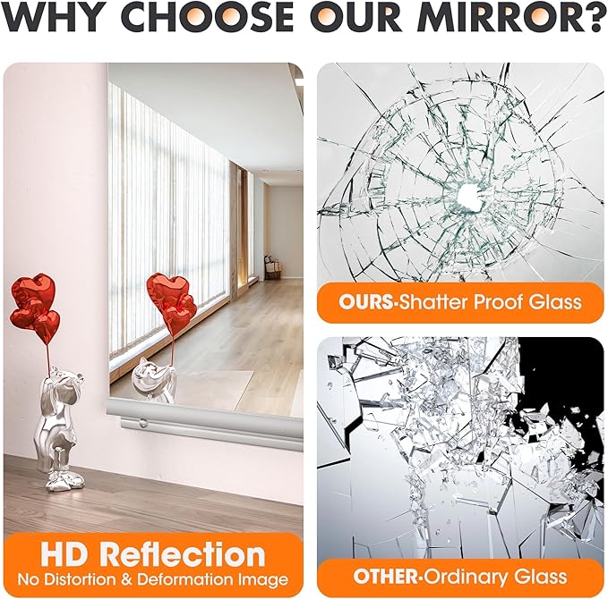 Hasipu Home Gym Mirror 48" L x 24" W - 3PCS Large Full Body Mirror for Yoga, Wall-Mounted Mirrors for Fitness, Garage, Dance Studio, 0.16in Tempered Glass Frameless