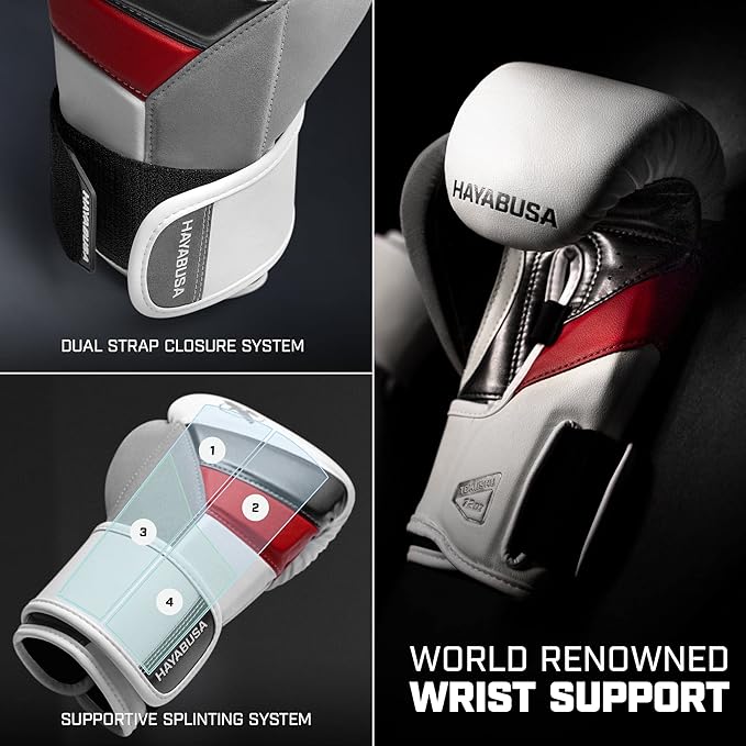 Hayabusa T3 Boxing Gloves for Men and Women Wrist and Knuckle Protection, Dual-X Hook and Loop Closure, Splinted Wrist Support, 5 Layer Foam Knuckle Padding