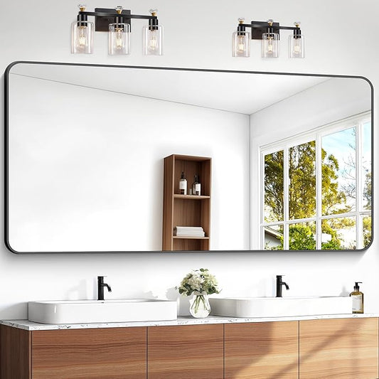 72x36 inch Large Bathroom Mirror,Black Rectangle Mirror,Wall Mounted Bathroom Frame Vanity Mirror with Round Corner for Bedroom Living Room,Entryway Hangs Horizontal or Vertical