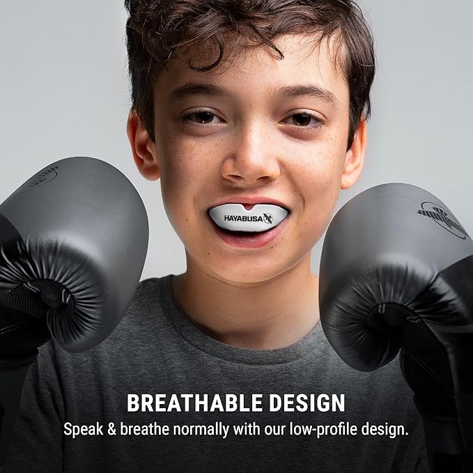 Hayabusa Combat Sports Mouth Guard Youth, Kids and Adult Sizes Comes with Case - White/Red, Youth