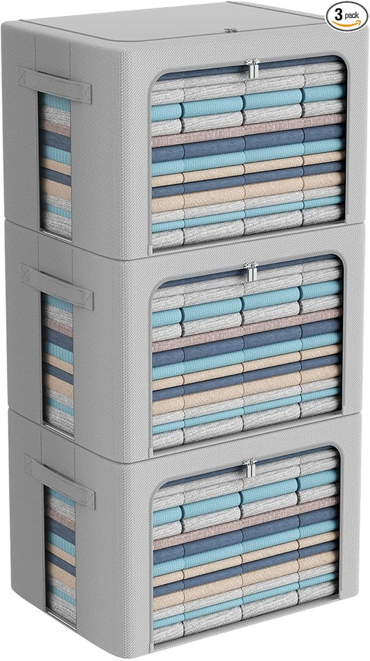 3Pack Frame Storage Box - Clothes Storage Bin Bags Oxford Fabric Foldable Stackable Container Organizer Set with Clear Window & Carry Handles (Grey, Extra Large-100L)