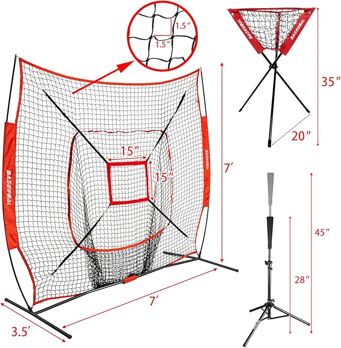 7'×7' Baseball Softball Practice Net,Baseball Backstop,with Batting Tee,Ball Caddy,for Hitting Pitching Batting Catching with Bow Frame,Bonus Strike Zone,Portable and Foldable
