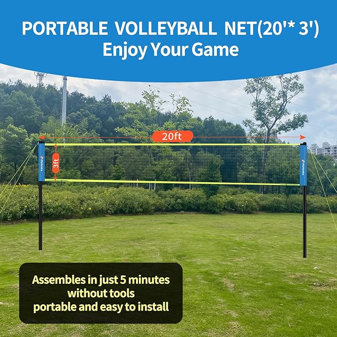 20FT Outdoor Volleyball Net Set System for Backyard Beach with Anti-Sagging Net, Iron Adjustable Height Poles, Soft PU Volleyball and Pump, Carry Bag - Instant Set Up & Durable