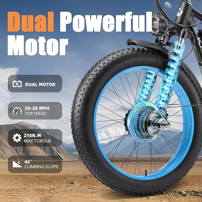 52V Electric Bike for Adults, 38MPH 26” Fat Tire Dirtbike 6000W Peak, AWD Ebike Dual Motor,26AH Removable Battery Fast Full Hydraulic Brake