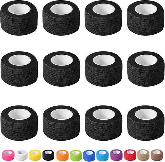 12 Pack Self Adhesive Bandage Wrap, 1 in x 5 Yards Non-Woven Self Adherent Cohesive Bandage, Vet Wrap Wound Tape for Thumb Finger Wrist Knee Ankle, Black