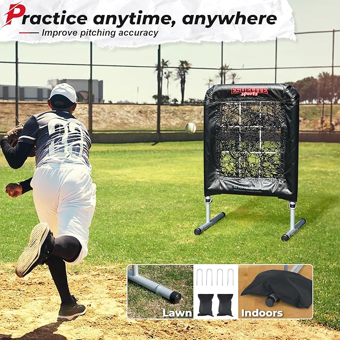 Heavy-Duty 9 Hole Pro Style Baseball & Softball Pitching Net with Strike Zone Target - Adjustable Portable Design for Training, Includes 4 Stakes & 2 Sandbags