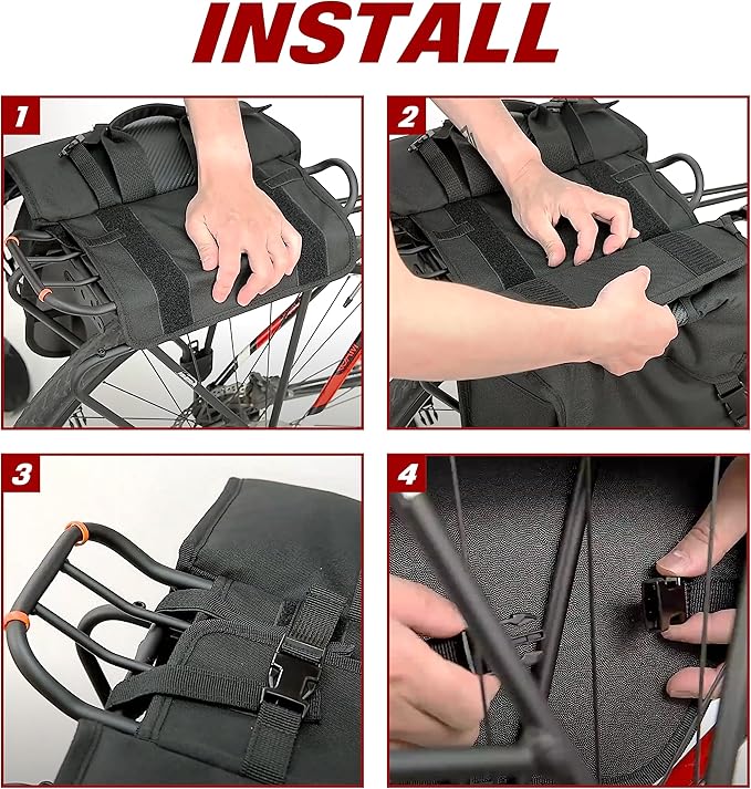 Ibera Adjustable Bicycle Bag (Pair) with Quick Release/Clip-On System - Water Resistant Bike Saddle Bags For Rear Rack with & 19.8 lbs Capacity Each - Saddle Bag Bicycle Fits Most Racks (Black)