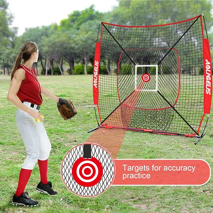 6'X6' Baseball Softball Practice Net,Pitching Net,Batting Net,with Bonus Strike Zone,Target and Bow Frame,for Hitting,Pitching,Catching