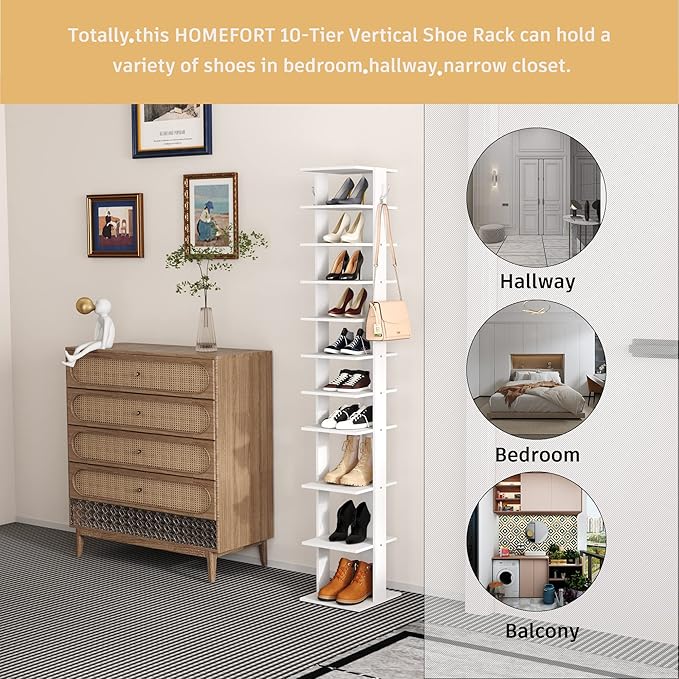 HOMEFORT 10-Tier Vertical Shoe Rack, Corner Shoe Tower, Slim Shoe Organizer with Two Hanging Hooks, Wooden Shoe Storage Stand for Entryway, Hallway, Closet (White)