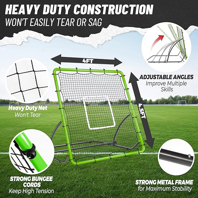 Heavy Duty Baseball Rebounder Net 4x4.5 FT Pitchback with 3 Adjustable Angles, Baseball and Softball Bounce Back Net for Ground, Line Drive, Fly Ball Return Settings Fielding Trainer