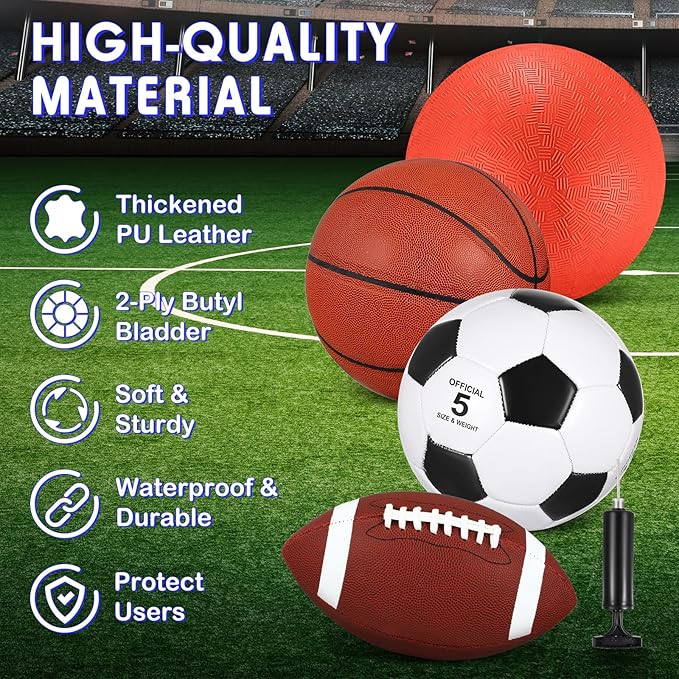 HyDren Sports Balls Set for Teen Adult, Include Official Size Basketball Soccer Ball Football Playground Ball with Pump and Equipment Carry Bag Sports Gift Back to School