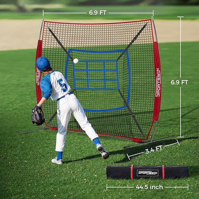 7x7 FT Baseball Net for Batting Pitching Hitting, with Strike Zone, Softball Net for Batting and Pitching, Baseball Practice Training Equipment for Kids Adult Youth