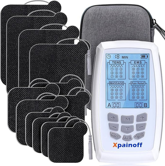 4 in 1 TNES Unit Muscle Stimulator Rechargeable Dual Channel EMS Muscle Massager Electronic Pulse Machine 36 Modes for Pain Relief Therapy,12 PCS TENS Unit Electrode Pads,Storage Case