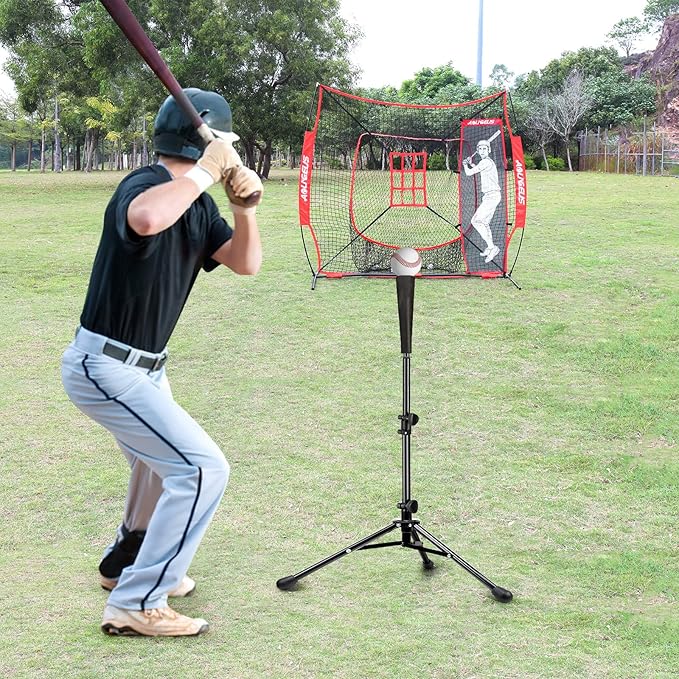 7'X7' Baseball Softball Practice Net,Pitching Net,Batting Net,with Baseball Tee,Bonus Strike Zone and Bow Frame,for Hitting,Pitching, Catching