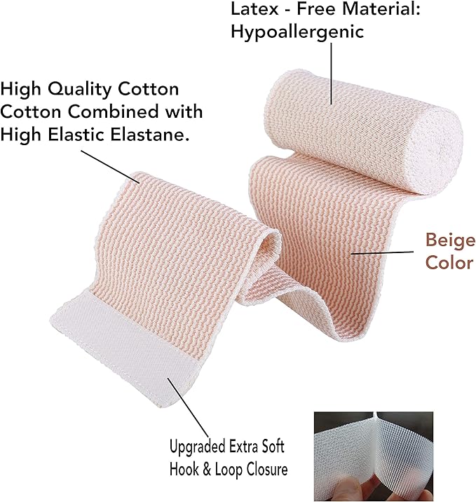 HOSPORA Latex-Free Compression Cotton Elastic Bandage, 2 Inch with Hook and Loop Closure(Pack of 5)