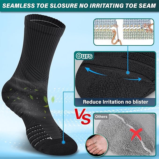 Hylaea Compression Running Socks for men, Coolmax Anti-Blister Cushion Crew Socks for Athletic, Moisture Wicking & Seamless