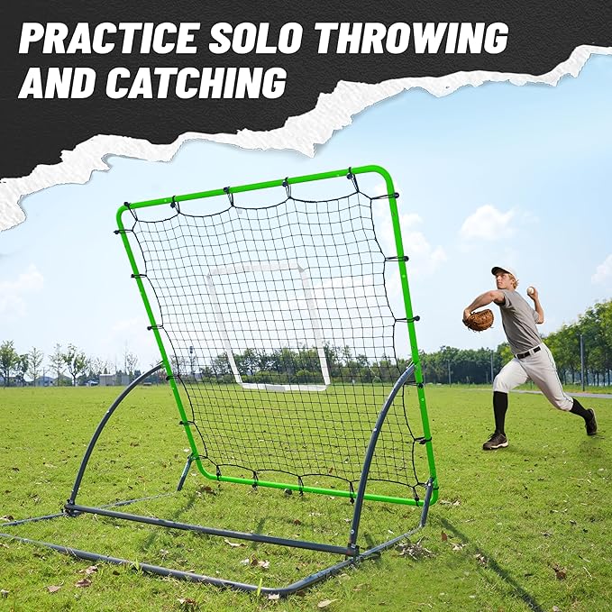 Heavy Duty Baseball Rebounder Net 4x4.5 FT Pitchback with 3 Adjustable Angles, Baseball and Softball Bounce Back Net for Ground, Line Drive, Fly Ball Return Settings Fielding Trainer