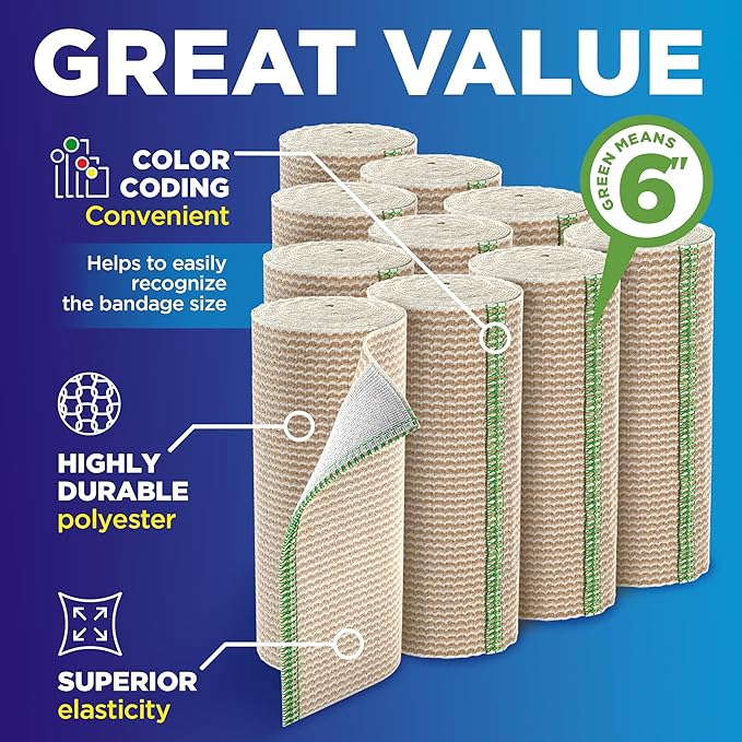 6” Premium Elastic Bandage Wrap - 10 Pack - Hook & Loop Closures - Wide Compression Bandage Wrap - Waist, Legs, Knee, Lymphedema, Body Wrap